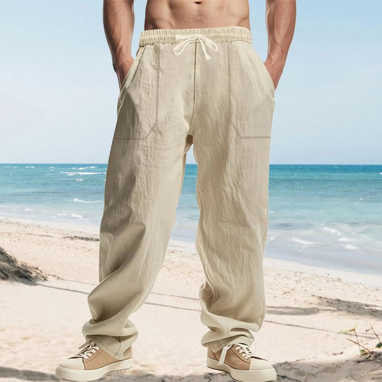 Linen Cargo Pants for Men Baggy Drawstring Elastic Waist Hip Hop Pants Beach Yoga Lightweight Travel Lounge Pants