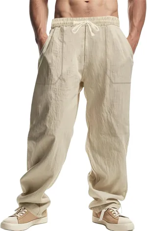 Linen Cargo Pants for Men Baggy Drawstring Elastic Waist Hip Hop Pants Beach Yoga Lightweight Travel Lounge Pants