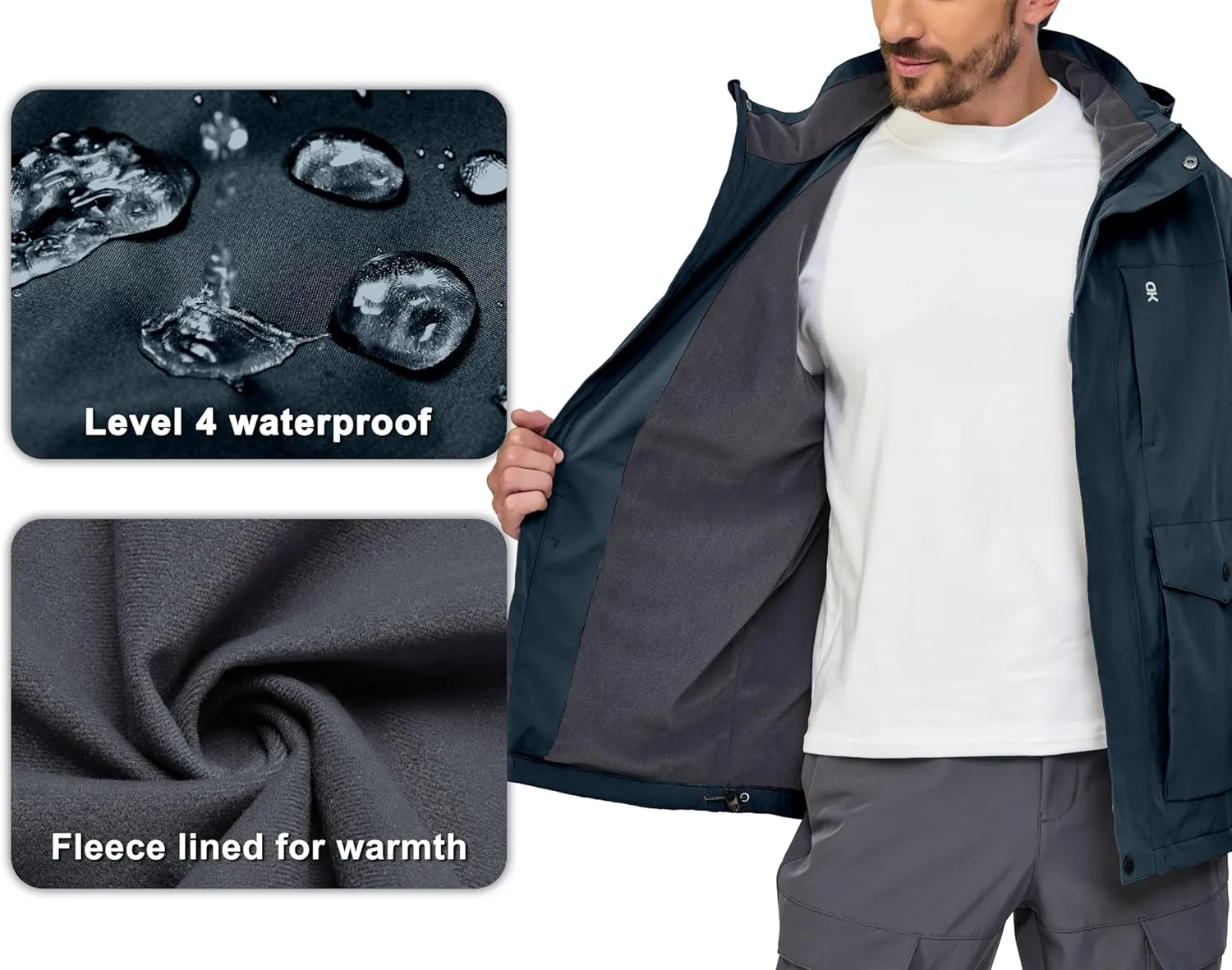 Little Donkey Andy Men's Lightweight Jacket Fleece Lined Detachable Hooded Waterproof Jackets Winter Hiking Windbreaker
