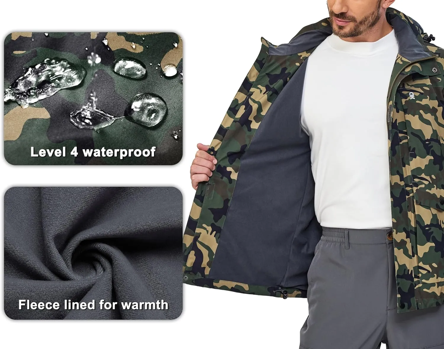 Little Donkey Andy Men's Lightweight Jacket Fleece Lined Detachable Hooded Waterproof Jackets Winter Hiking Windbreaker