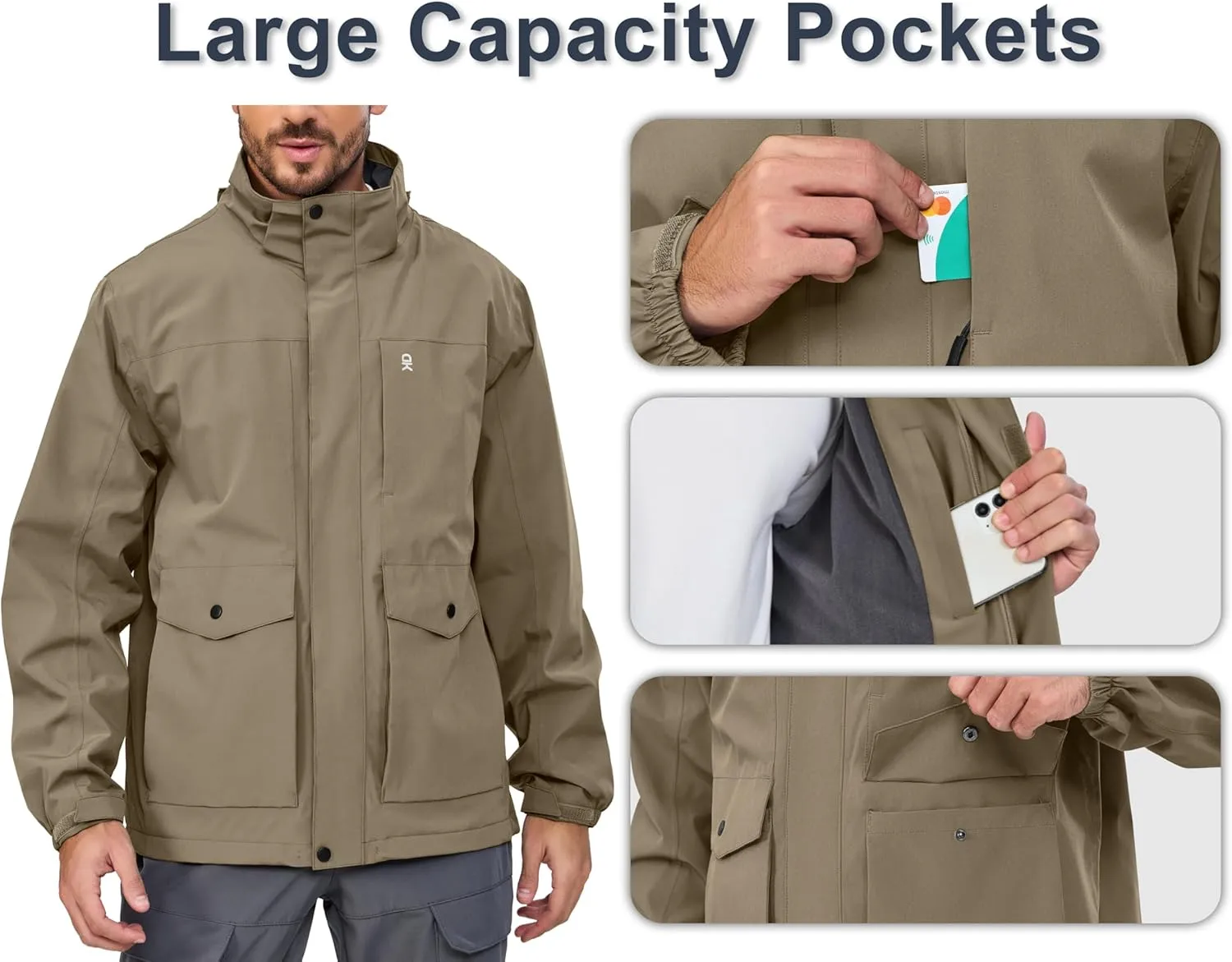 Little Donkey Andy Men's Lightweight Jacket Fleece Lined Detachable Hooded Waterproof Jackets Winter Hiking Windbreaker