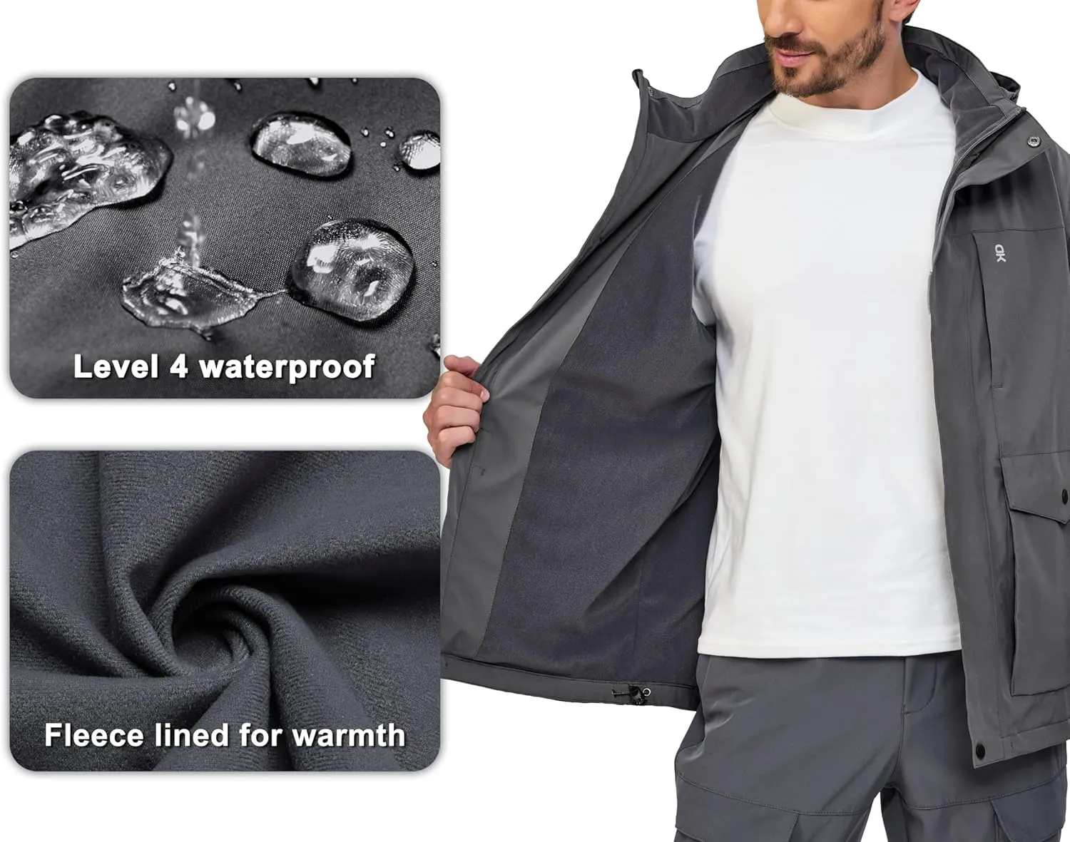 Little Donkey Andy Men's Lightweight Jacket Fleece Lined Detachable Hooded Waterproof Jackets Winter Hiking Windbreaker