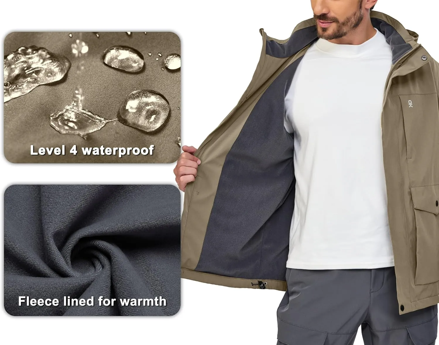 Little Donkey Andy Men's Lightweight Jacket Fleece Lined Detachable Hooded Waterproof Jackets Winter Hiking Windbreaker