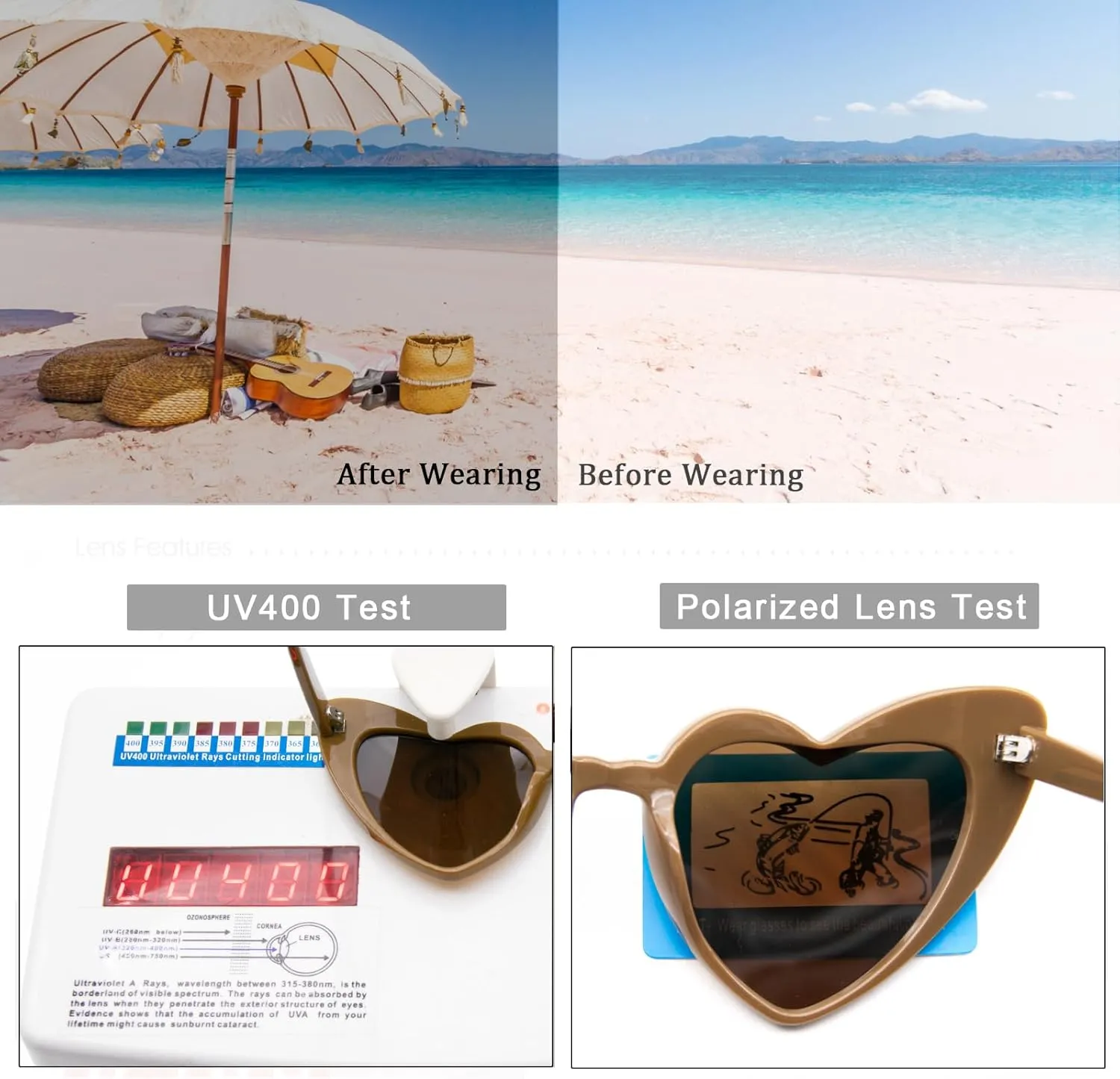 Long Keeper Polarized Heart Sunglasses - Vintage Women Love Shaped Sunglasses Cat Eye Sun Glasses for Party Wedding Traveling