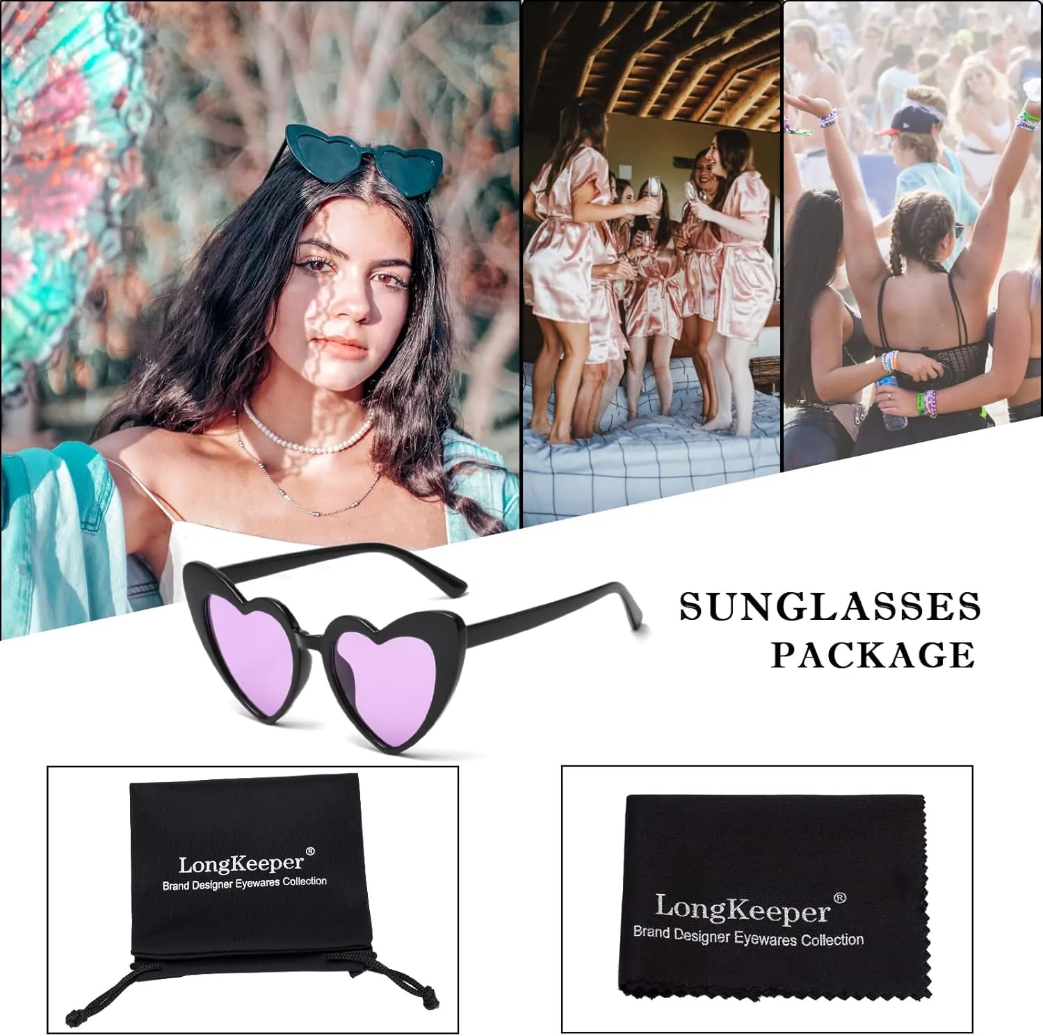 Long Keeper Polarized Heart Sunglasses - Vintage Women Love Shaped Sunglasses Cat Eye Sun Glasses for Party Wedding Traveling