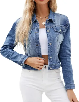 LONGYIDA Denim Jackets for Women Button Down Cropped Frayed Jean Jacket Long Sleeve Distressed Ripped Denim Jacket Coat