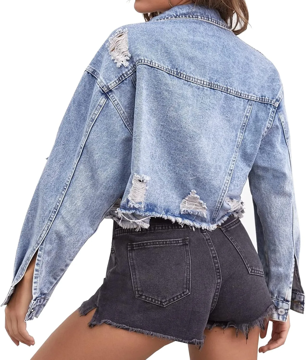 LONGYIDA Women's Cropped Denim Jacket | Distressed Button-Down Jean Jacket | Long Sleeve Ripped & Frayed Blue Coat