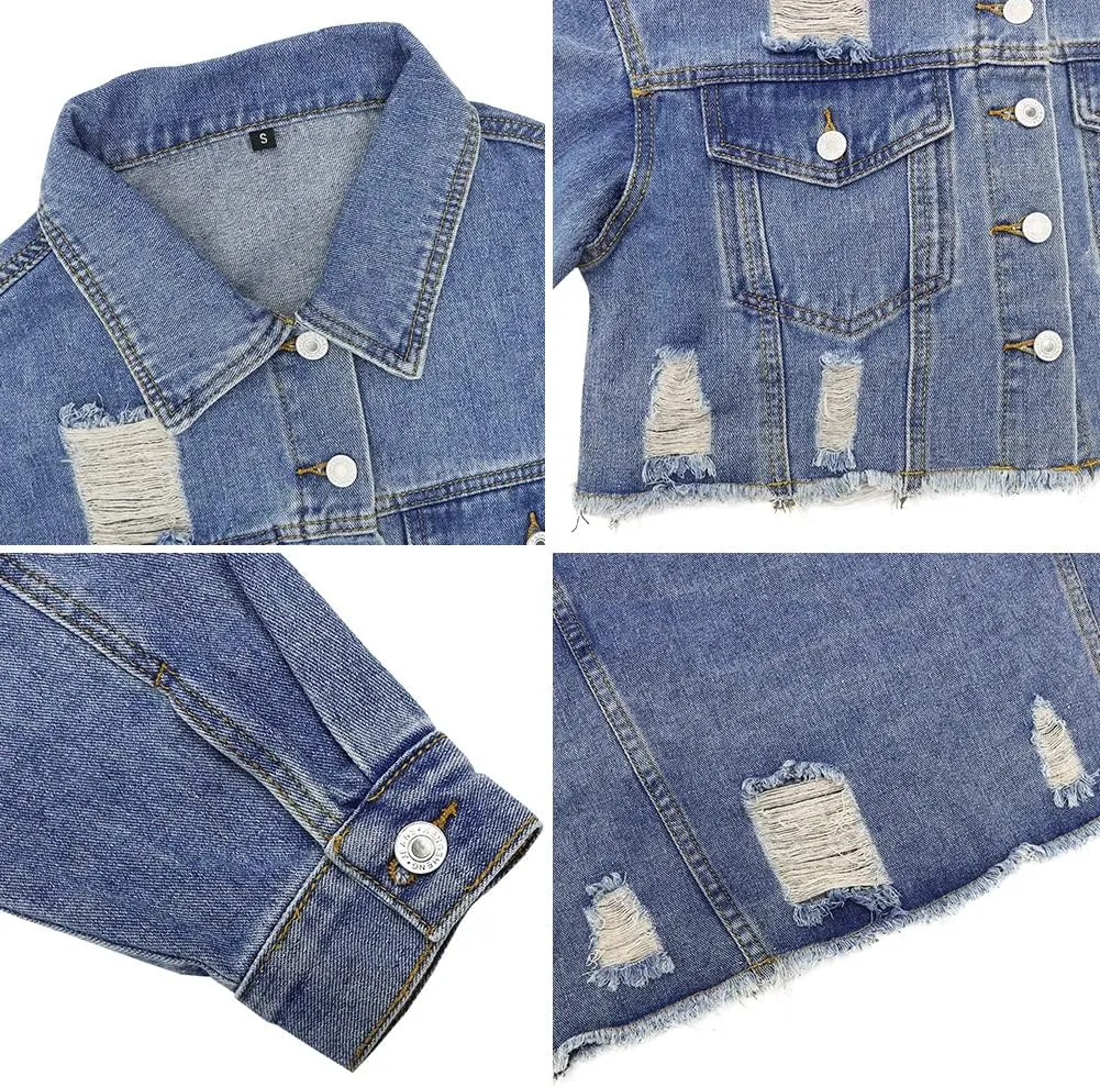 LONGYIDA Women's Cropped Denim Jacket | Distressed Button-Down Jean Jacket | Long Sleeve Ripped & Frayed Blue Coat