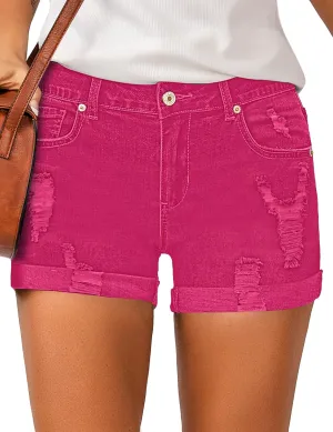 LookbookStore Women Summer High Waisted Sewn Cuffed Hem Buttons Denim Jean Shorts High Rise Womens Jorts Y2K Denim Short Jeans Hot Pink Size L
