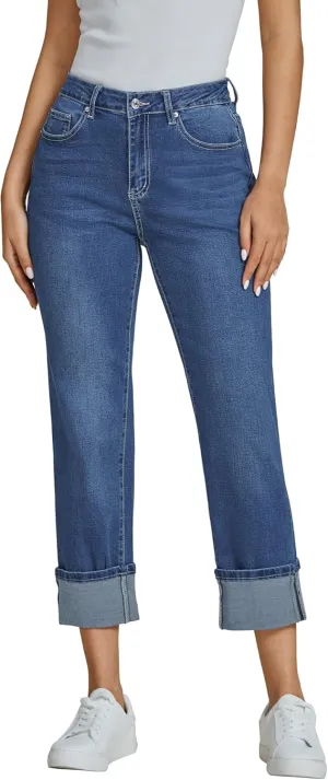 luvamia Straight Leg Jeans for Women Trendy Cropped High Waisted Cuffed Hem Stretchy Boyfriend Capri Jeans with Pockets