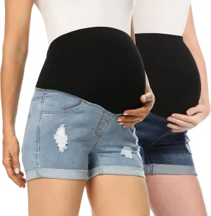 Maternity Denim Shorts High Waist Distressed Cuffed Hem Stretchy Comfy Jeans Short Pants Casual Pregnancy Shorts