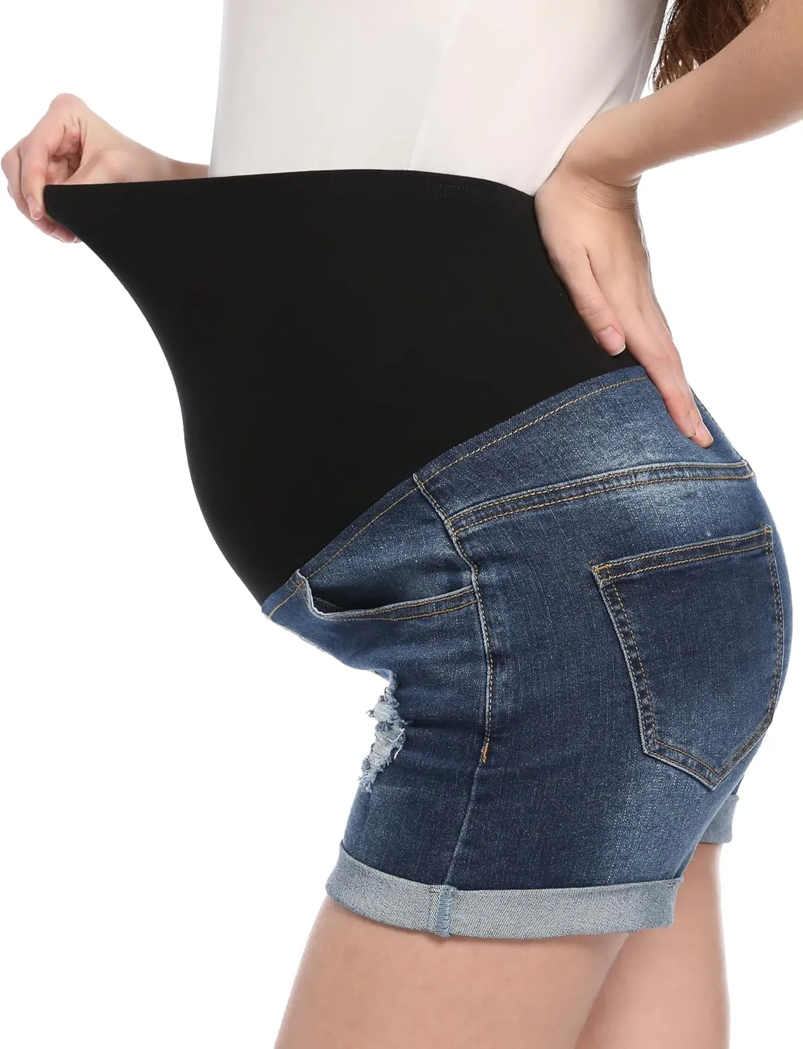 Maternity Denim Shorts High Waist Distressed Cuffed Hem Stretchy Comfy Jeans Short Pants Casual Pregnancy Shorts