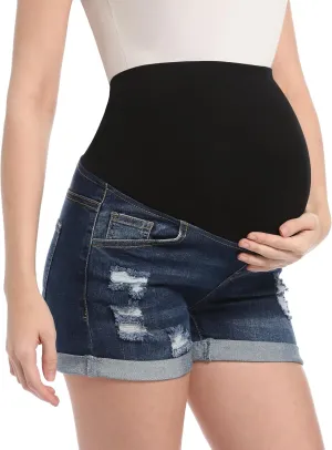 Maternity Denim Shorts High Waist Distressed Cuffed Hem Stretchy Comfy Jeans Short Pants Casual Pregnancy Shorts