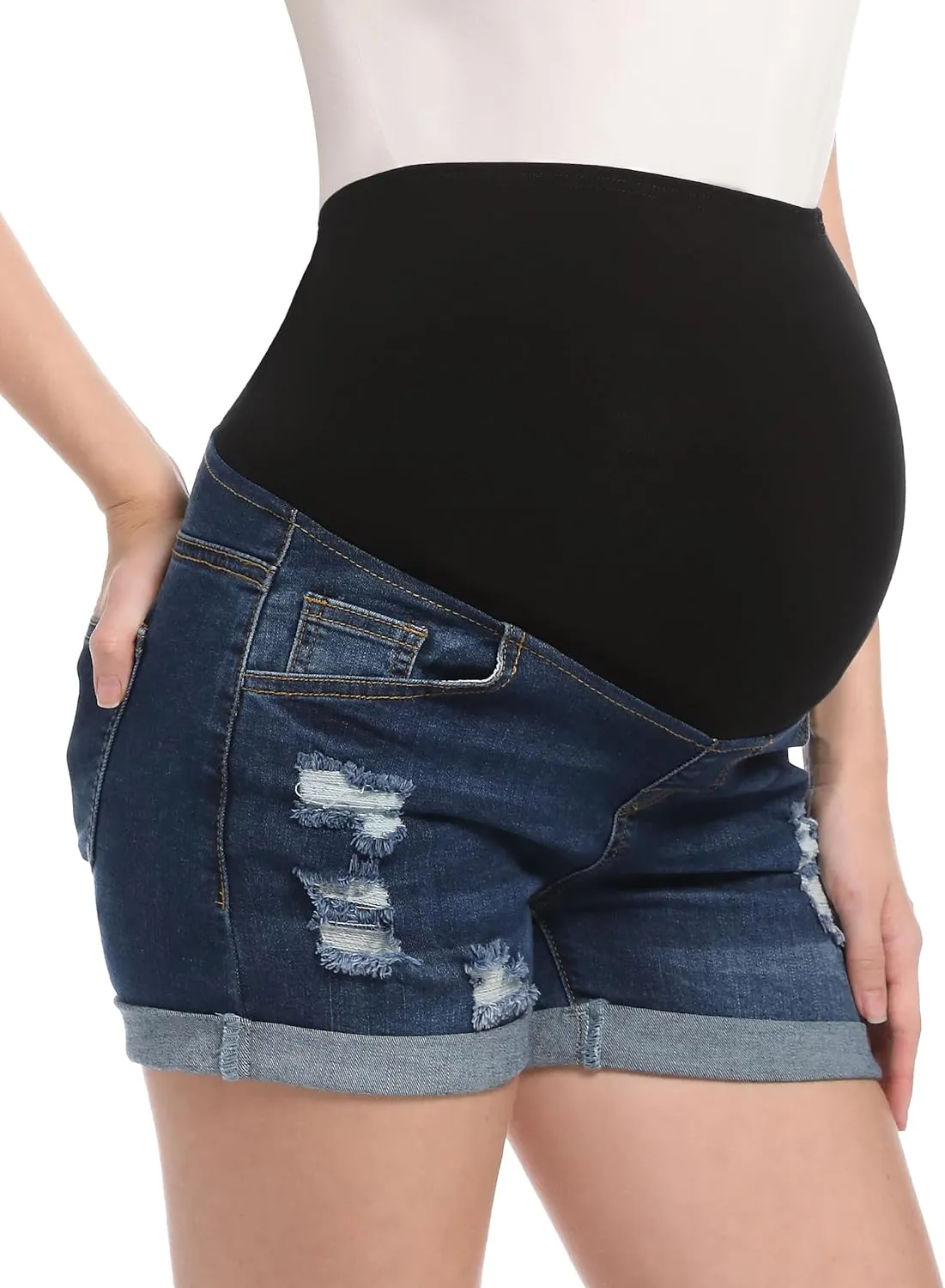Maternity Denim Shorts High Waist Distressed Cuffed Hem Stretchy Comfy Jeans Short Pants Casual Pregnancy Shorts