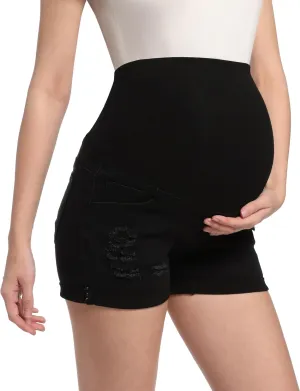Maternity Denim Shorts High Waist Distressed Cuffed Hem Stretchy Comfy Jeans Short Pants Casual Pregnancy Shorts