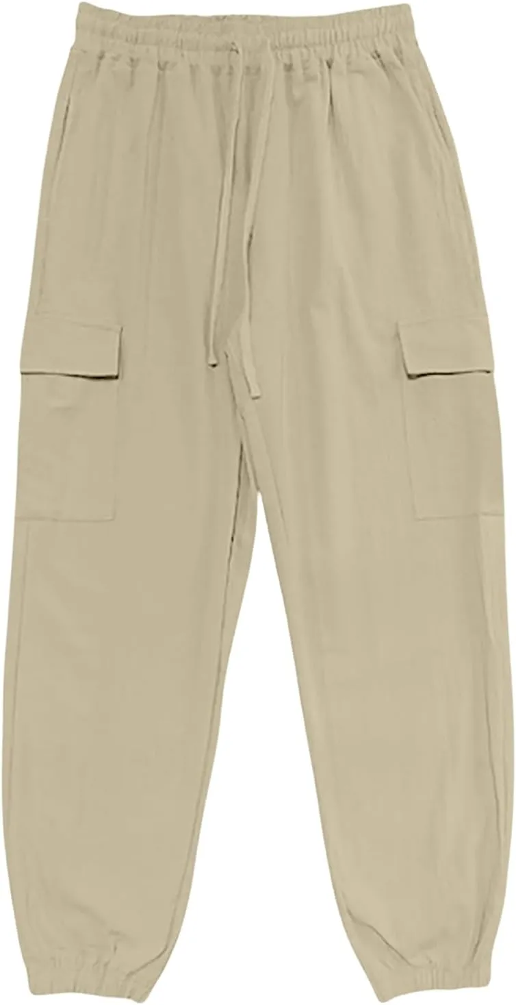 Mens Baggy Cargo Pants Casual Elastic Waist Cotton Linen Harem Pants Summer Beach Yoga Long Trousers Multi Pockets