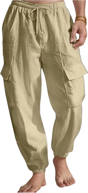 Mens Baggy Cargo Pants Casual Elastic Waist Cotton Linen Harem Pants Summer Beach Yoga Long Trousers Multi Pockets