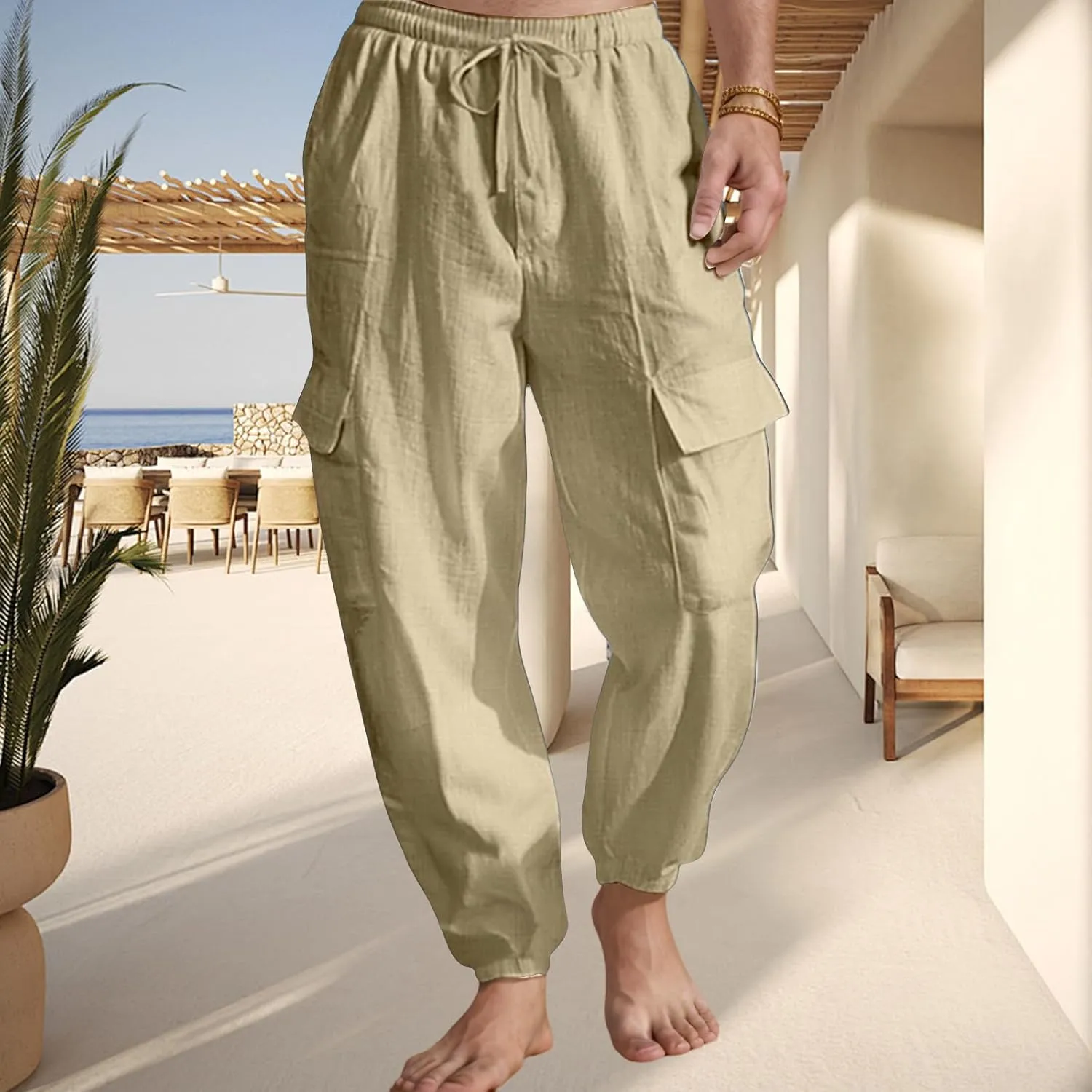 Mens Baggy Cargo Pants Casual Elastic Waist Cotton Linen Harem Pants Summer Beach Yoga Long Trousers Multi Pockets