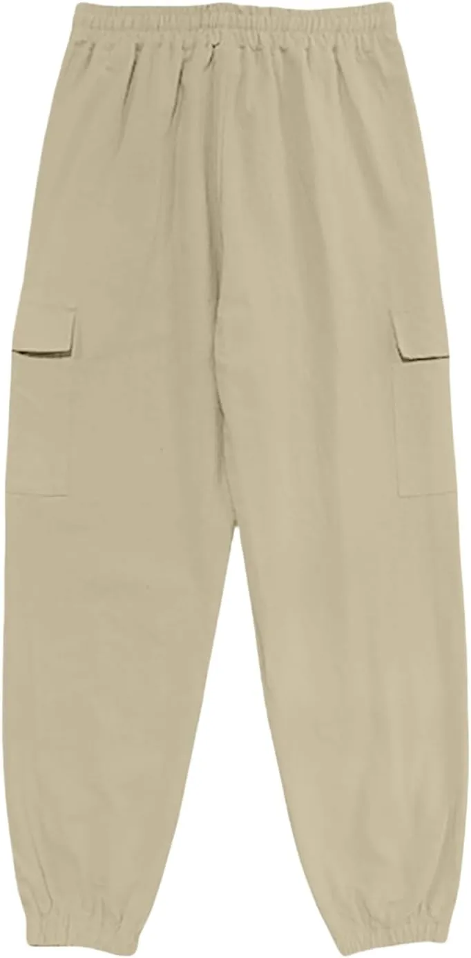 Mens Baggy Cargo Pants Casual Elastic Waist Cotton Linen Harem Pants Summer Beach Yoga Long Trousers Multi Pockets