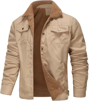 Men's Cargo Jacket Winter Thicken Lined Sherpa Jackets Winter Warm Turn-down Collar Coats Multi Pockets Plus Size