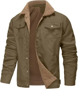 Men's Cargo Jacket Winter Thicken Lined Sherpa Jackets Winter Warm Turn-down Collar Coats Multi Pockets Plus Size