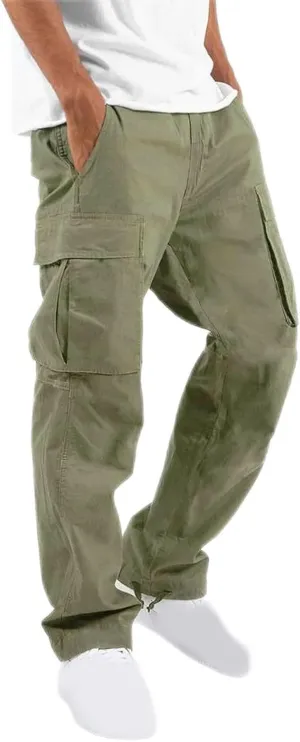 Mens Cargo Pants Elastic Waist Drawstring Joggers Cotton Athletic Pants Casual Hiking Pants Lightweight Sweatpants