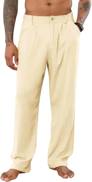 Mens Casual Cotton Linen Pants Casual Loose Fit Yoga Beach Trouser Button Elastic Waist Straight Pants with Pockets