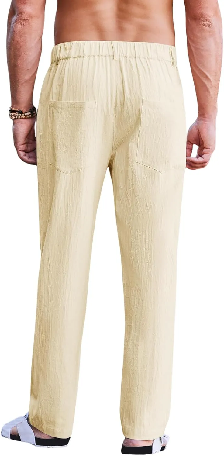 Mens Casual Cotton Linen Pants Casual Loose Fit Yoga Beach Trouser Button Elastic Waist Straight Pants with Pockets