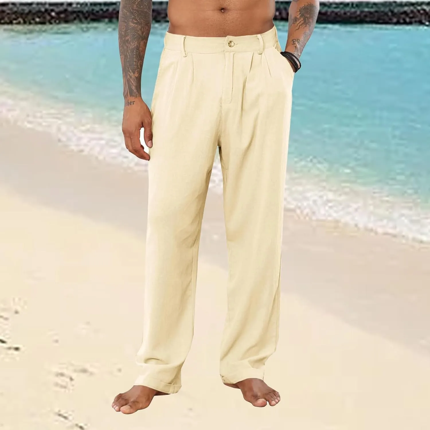 Mens Casual Cotton Linen Pants Casual Loose Fit Yoga Beach Trouser Button Elastic Waist Straight Pants with Pockets