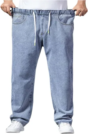 Mens Classic Regular Fit Jeans Big and Tall Men Work Denim Pants Stretch Loose Fit Drawstring Jeans Vintage Trousers