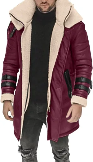 Mens Cotton Cargo Jacket Winter Sherpa Fleece Lined Work Jacket Coats Winter Warm Fur Collar Long Trench Coats Cargo Jacket