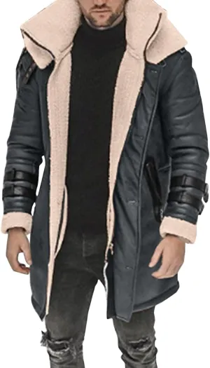Mens Cotton Cargo Jacket Winter Sherpa Fleece Lined Work Jacket Coats Winter Warm Fur Collar Long Trench Coats Cargo Jacket