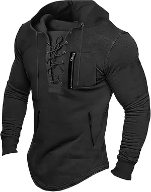 Mens Distressed Gothic Steampunk Hoodies Sweatshirts Outdoor Long Sleeve Lace Up Tactical Sports Hooded Sweatshirts