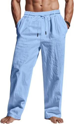 Men's Drawstring Cotton Linen Pants Lightweight Casual Yoga Trousers Elastic Waist Beach Pants with Pocket Loose Fit