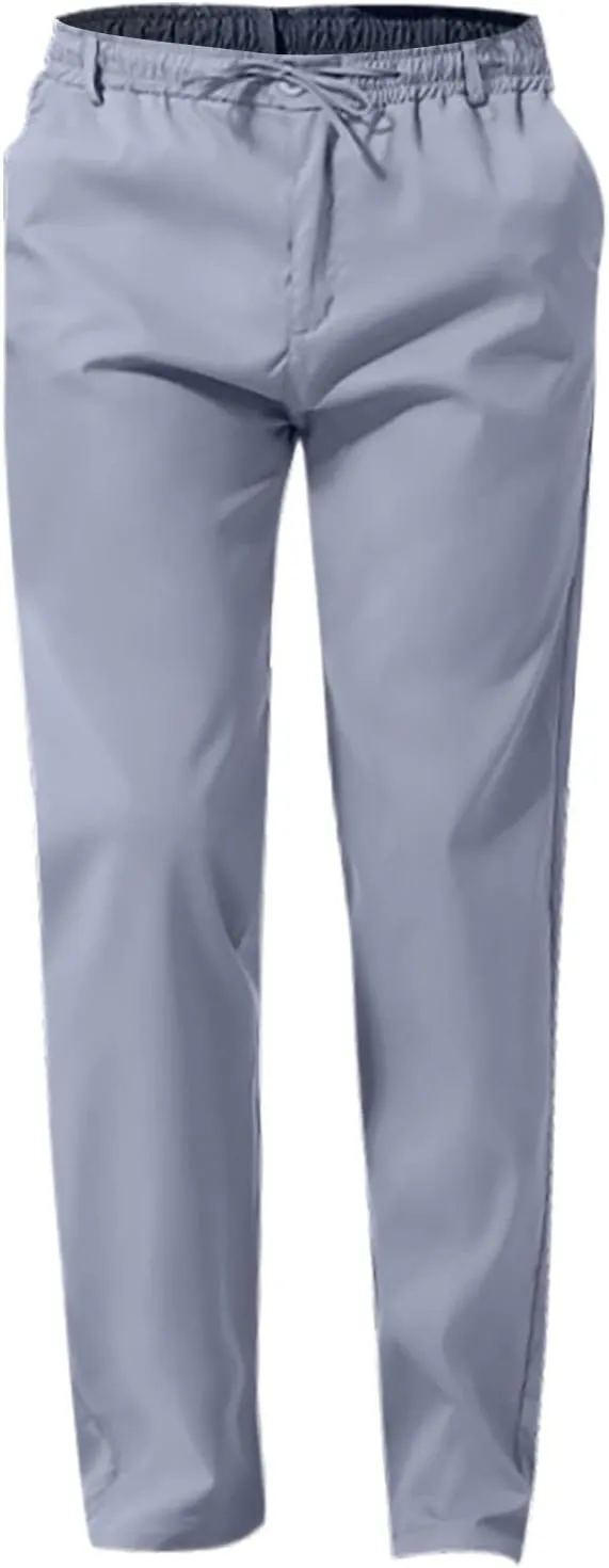 Men's Drawstring Linen Pants Lightweight Casual Regular Fit Elastic Waist Twill Pant Straight Summer Beach Trousers