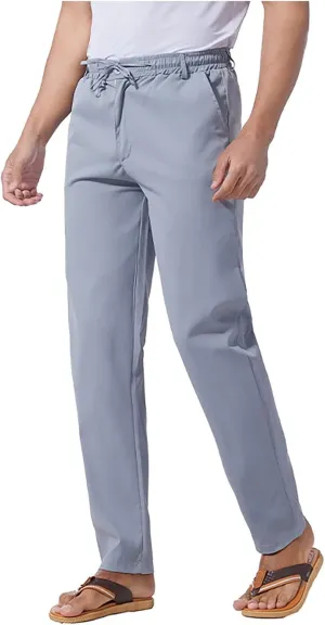 Men's Drawstring Linen Pants Lightweight Casual Regular Fit Elastic Waist Twill Pant Straight Summer Beach Trousers