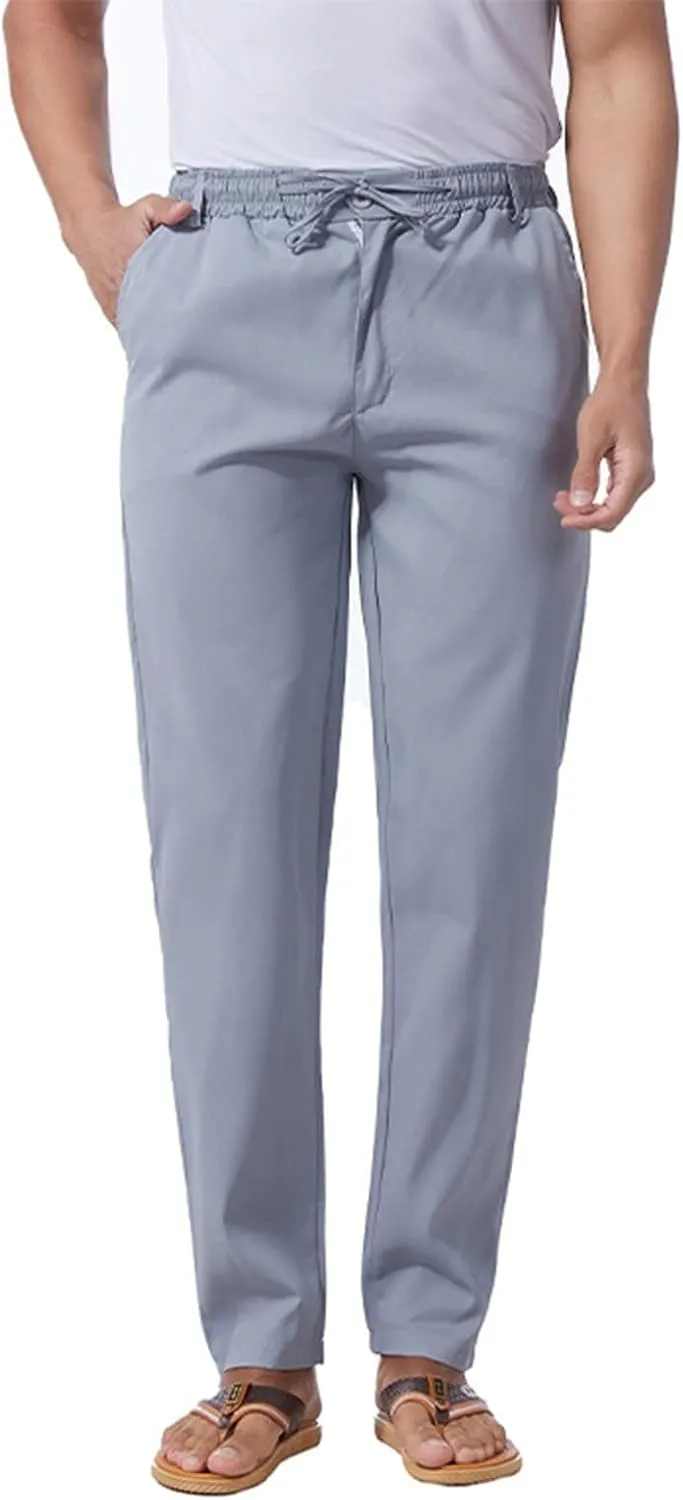 Men's Drawstring Linen Pants Lightweight Casual Regular Fit Elastic Waist Twill Pant Straight Summer Beach Trousers