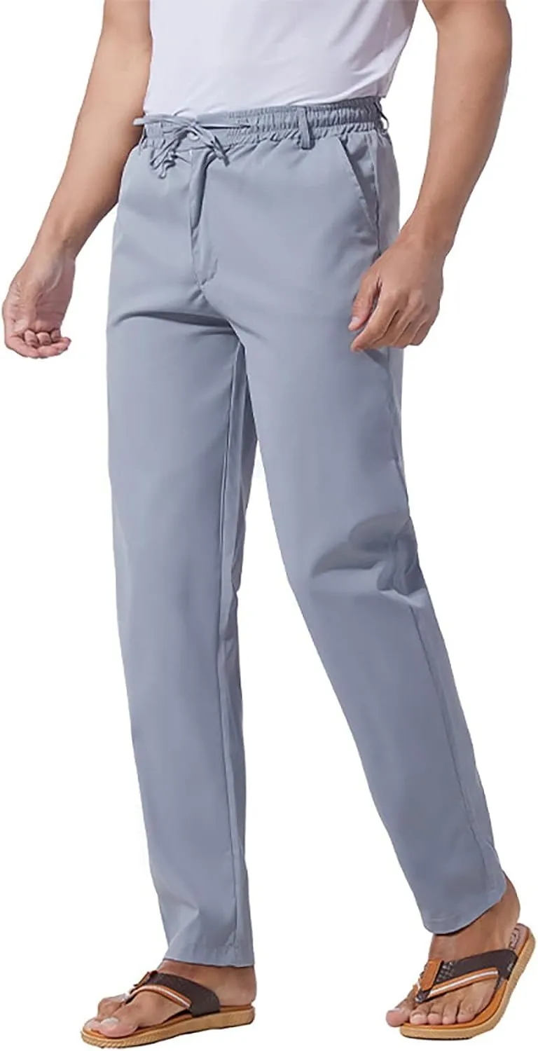Men's Drawstring Linen Pants Lightweight Casual Regular Fit Elastic Waist Twill Pant Straight Summer Beach Trousers