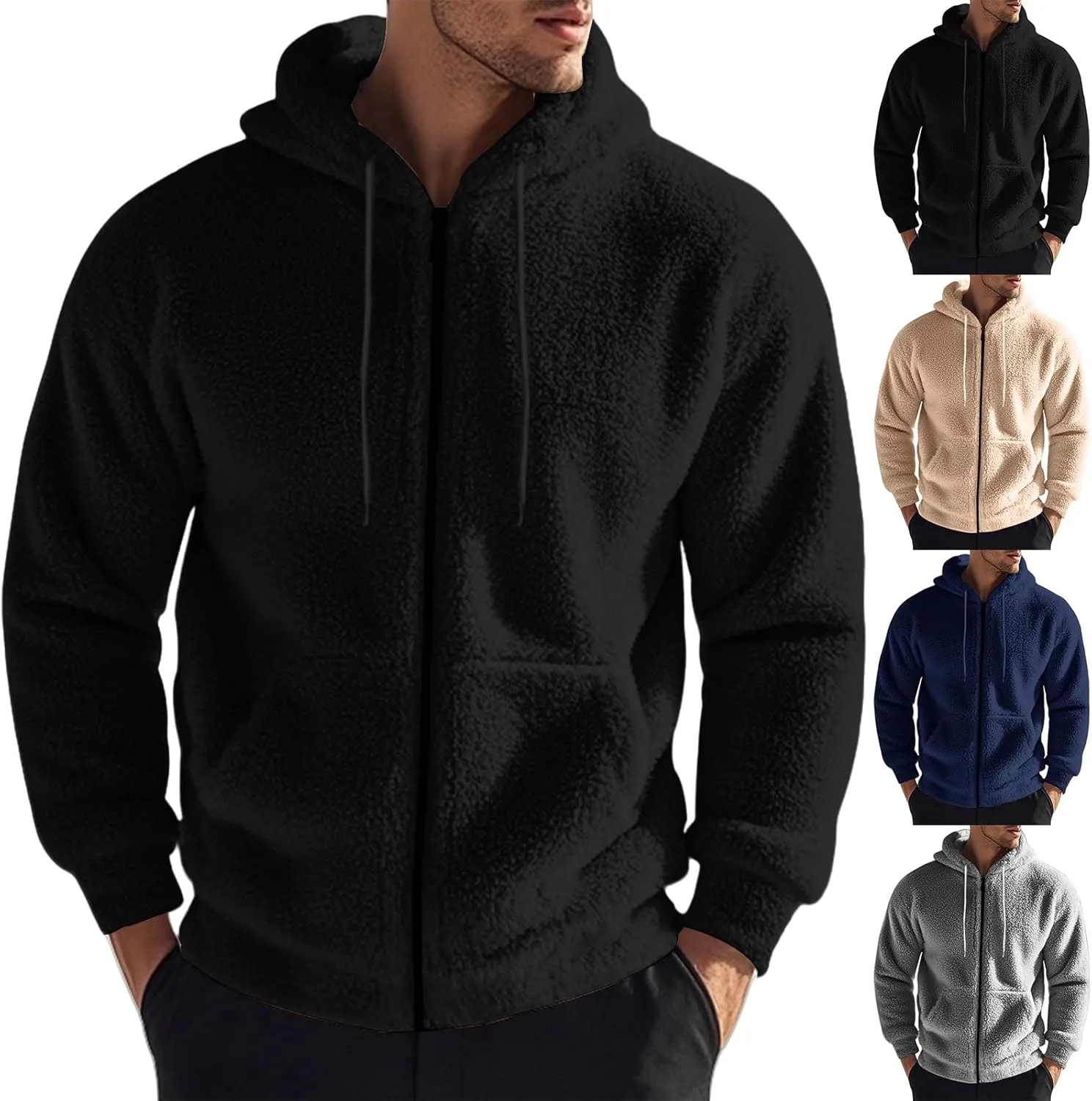 Men's Fuzzy Sherpa Jackets Fleece Hoodie Casual Warm Winter Coat Long Sleeve Full Zip Hoodies Thermal Coat Outerwear
