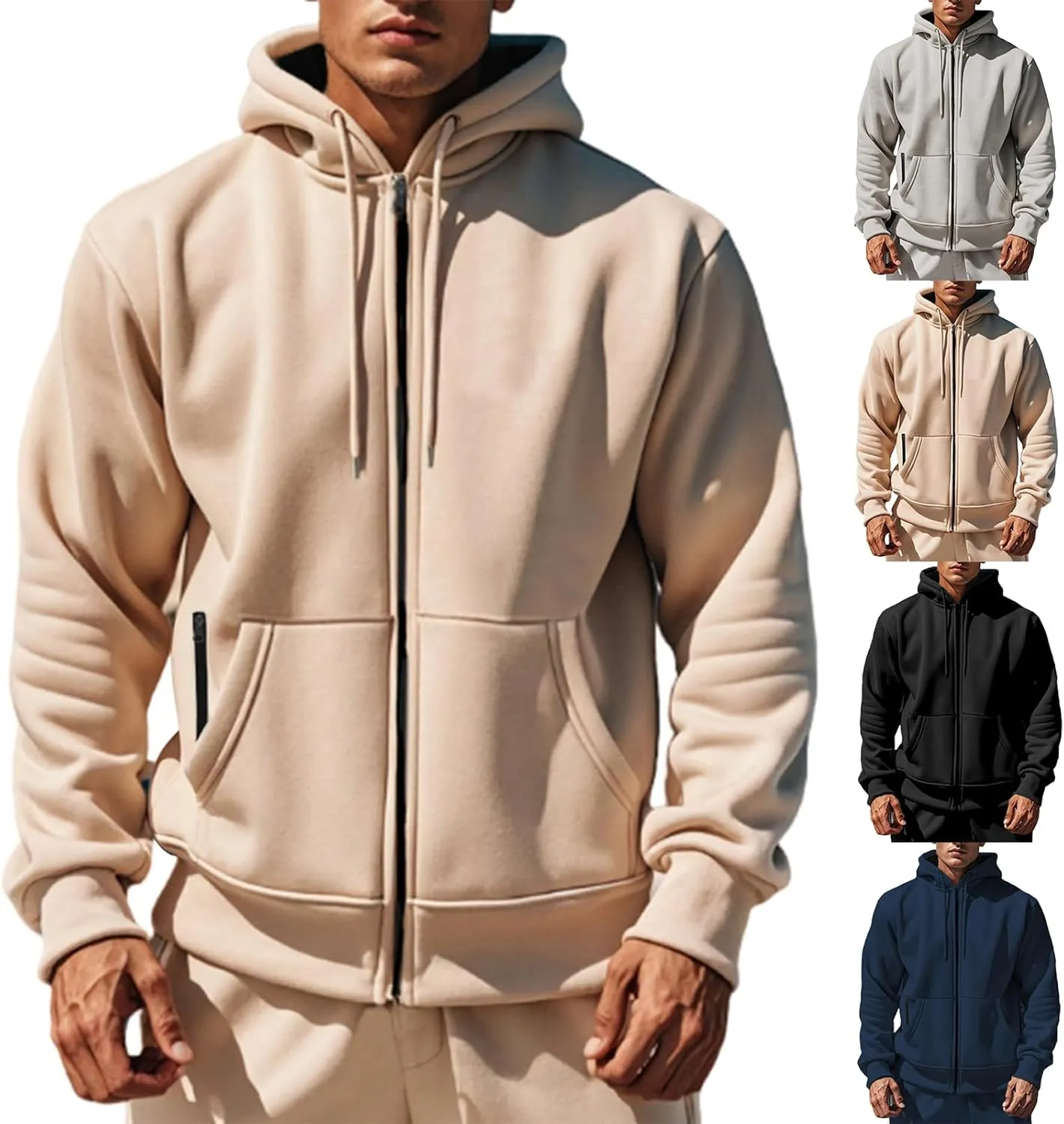 Men's Hooded Sweatshirts Fleece Jackets Warm Comfortable Solid Color Zipper Coats Long Sleeves Autumn Winter