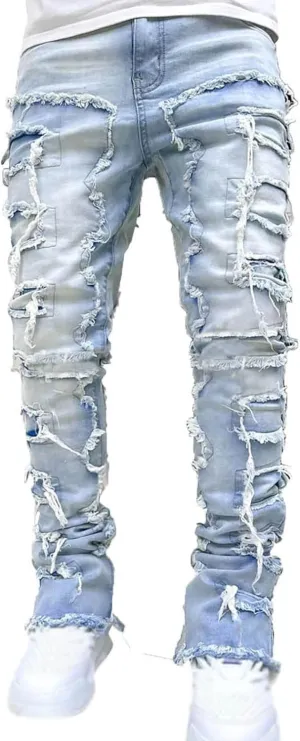 Mens Jeans Relaxed Fit Men's Slim Fit Stretch Jeans Distressed Patchwork Stacked Frayed Straight Leg Skinny Denim Pant
