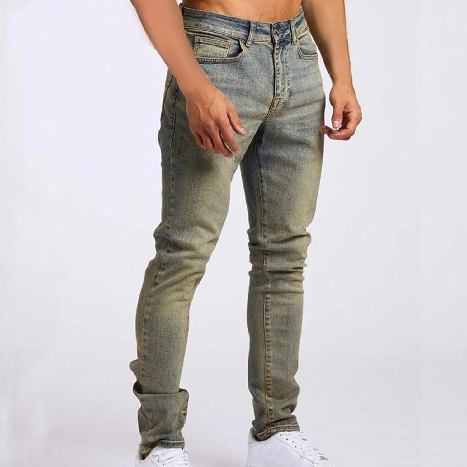 Mens Jeans Vintage Skinny Slim Fit Tapered Leg Denim Pants Casual Fashion Heavyweight Outdoor Hiking Classic Trousers