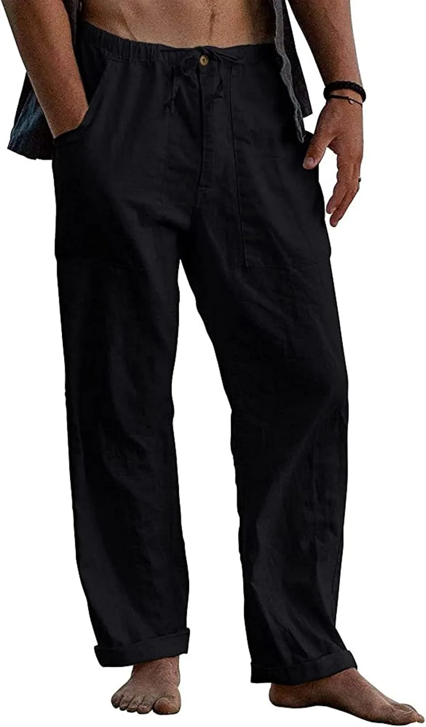 Mens Linen Pants Casual Elastic Waist Straight Drawstring Trousers Loose Fit Yoga Beach Joggers Pant with Pockets