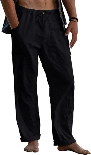 Mens Linen Pants Casual Elastic Waist Straight Drawstring Trousers Loose Fit Yoga Beach Joggers Pant with Pockets