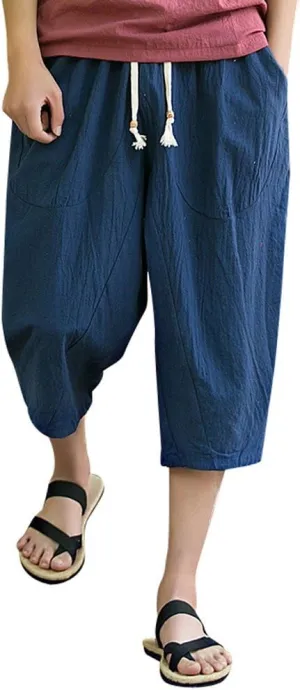 Men's Pants Relaxed Fit Wide Leg Baggy Pants Mens Summer Cotton Linen Capri Trousers Comfy Plus Size Casual Gym Pants