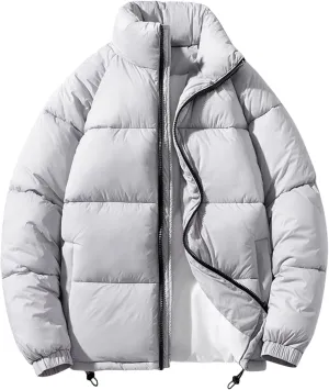 Men's Solid Casual Puffer Jackets Long Sleeve Stand Collar Zipper Thicken Down Parkas Coats Windbreaker Outwear