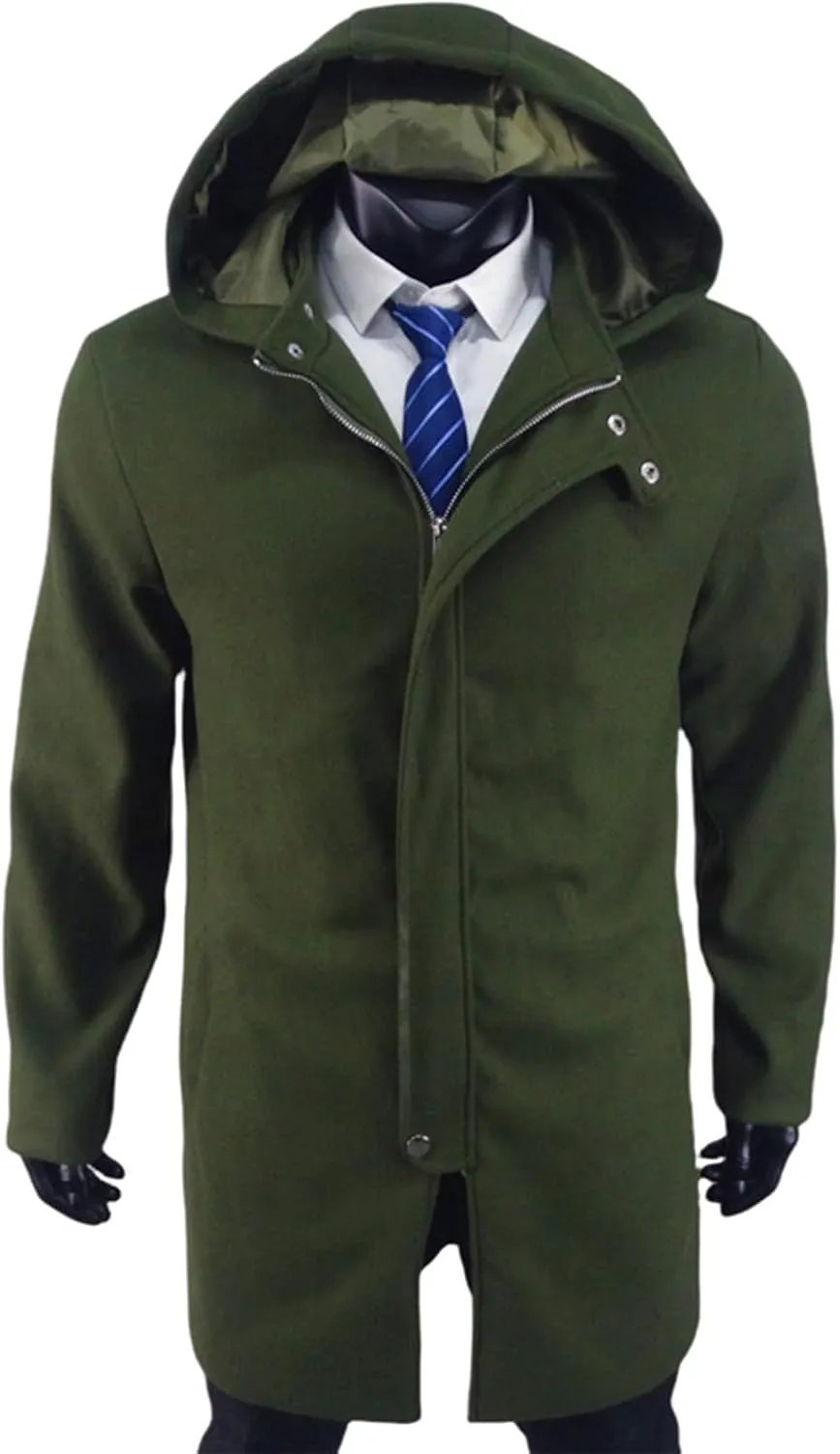 Mens Trench Coat Casual Lapel Collar Business Casual Winter Long Overcoats Fall Winter Pea Coat Zipper Hooded Jacket