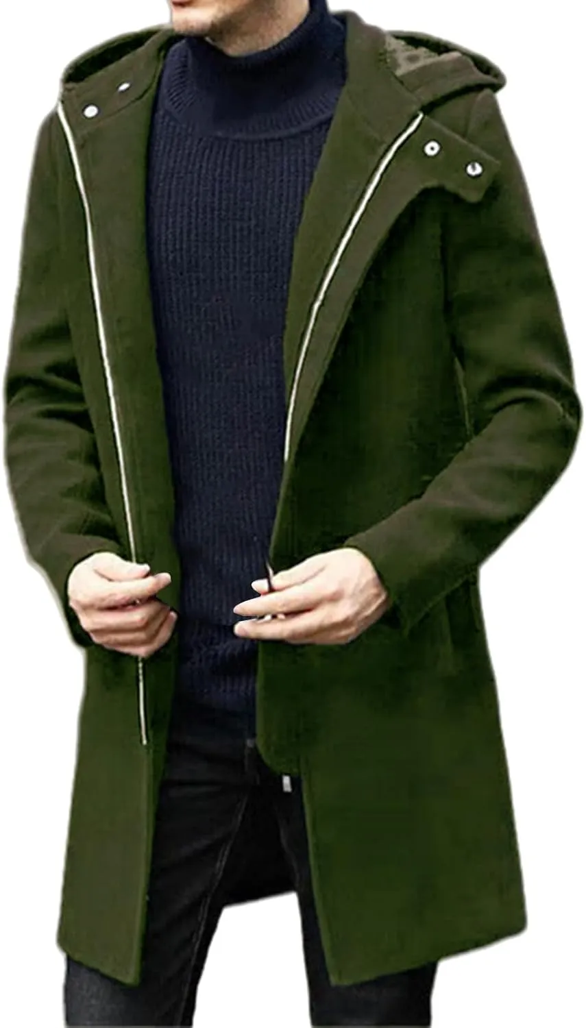 Mens Trench Coat Casual Lapel Collar Business Casual Winter Long Overcoats Fall Winter Pea Coat Zipper Hooded Jacket