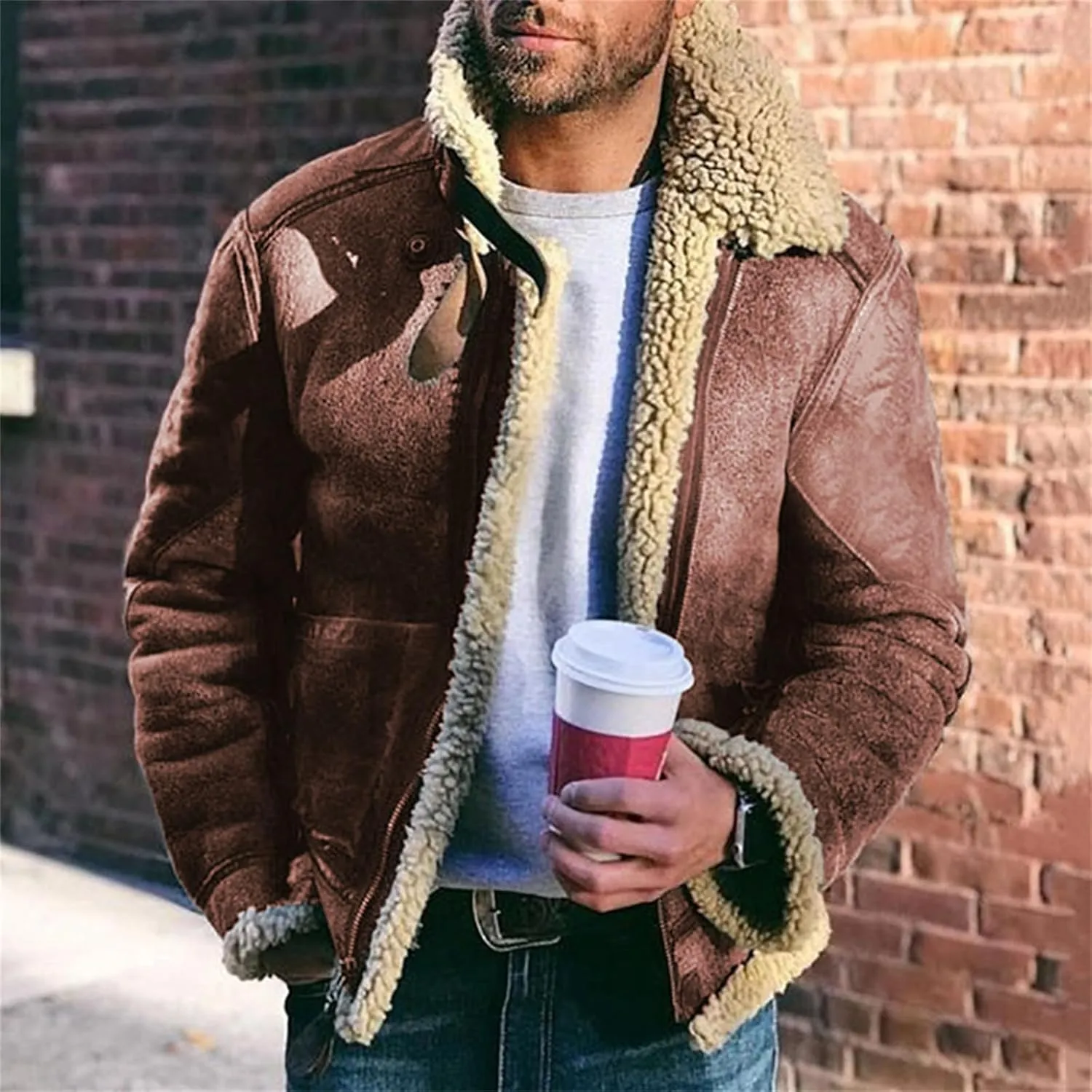 Mens Winter Coat Lamb Wool Bomber Coat Faux Leather Sherpa Fleece Lined Jackets Heavyweight Suede Faux Fur Trench Coat
