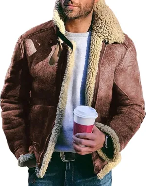Mens Winter Coat Lamb Wool Bomber Coat Faux Leather Sherpa Fleece Lined Jackets Heavyweight Suede Faux Fur Trench Coat